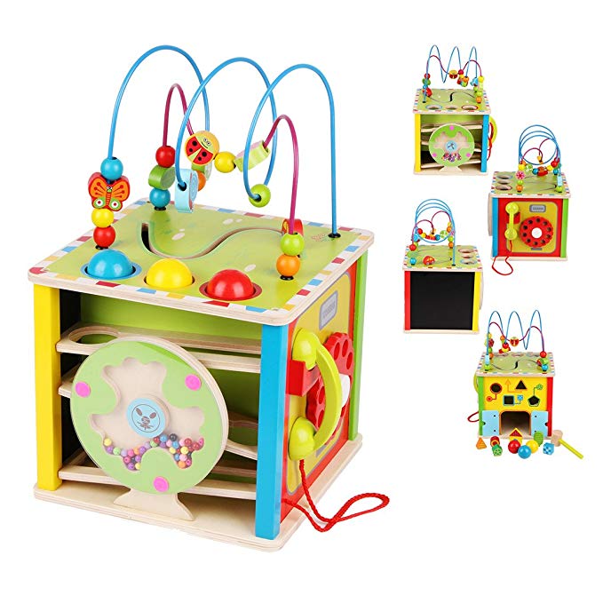 LEO & FRIENDS Large Activity Cube Toys Baby Educational Wooden Bead Maze Shape Sorter for Boy and Girl