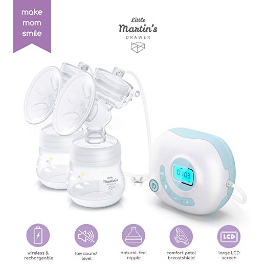 Little Martin's Electric Double Breast Milk Pump Kit - Rechargeable Battery - Wireless and Travel Friendly - Fits in a Diaper Bag - Whisper Quiet Motor - Mobile Support for Breastfeeding Mother