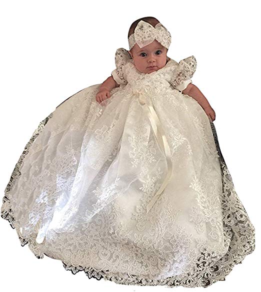 Newdeve Baby-girls Lace Beads Infant Toddler White Christening Gowns Long (0-3 months, White)