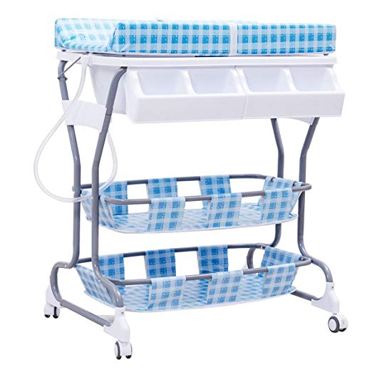 Costzon Baby Changing Table, Diaper Station Nursery Organizer, Infant Bath Table with Tube & Cushion (Blue)