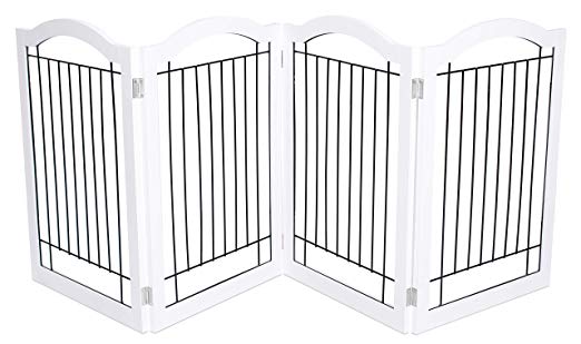 Internet’s Best Wire Dog Gate with Arched Top | 4 Panel | 30 Inch Tall Pet Puppy Safety Fence | Fully Assembled | Durable Wooden | Folding Z Shape Indoor Doorway Hall Stairs Free Standing | White