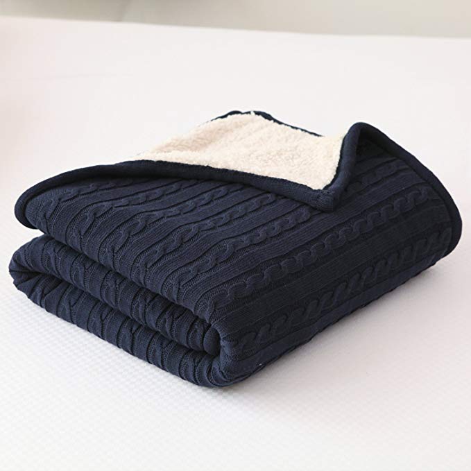 CottonTex Cotton Knitted Cable Blanket w/Sherpa Lining 47x70 inches Ideal for Warm Keeping, Navy