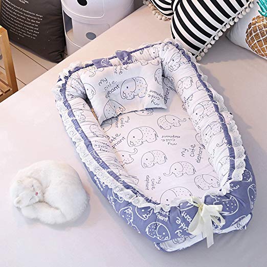 Ukeler Baby Bassinet for Bed- Elephant Design Baby Lounger - Breathable & Hypoallergenic Co-Sleeping Baby Bed Cradles Lounger Cushion - 100% Cotton Portable Crib for Bedroom/Travel