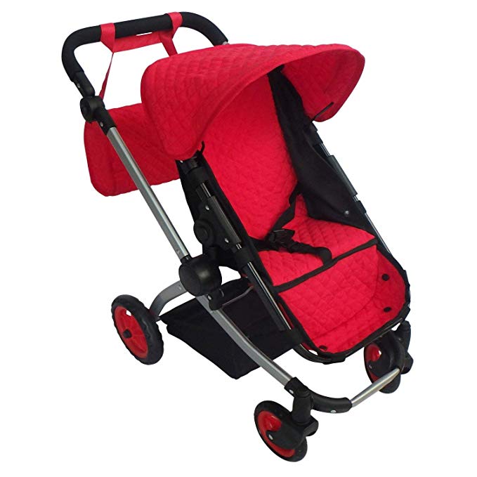 Modern Babyboo Doll Stroller Red Quilted Fabric- New Luxury Collection - Adjustable Height - Free Diaper Bag
