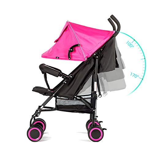 EVEZO 2141A Full-Size Ultra Lightweight Umbrella Stroller, Reclining Seat, 5-Point Safety Harness, Canopy, Storage Bin (Hot Pink)