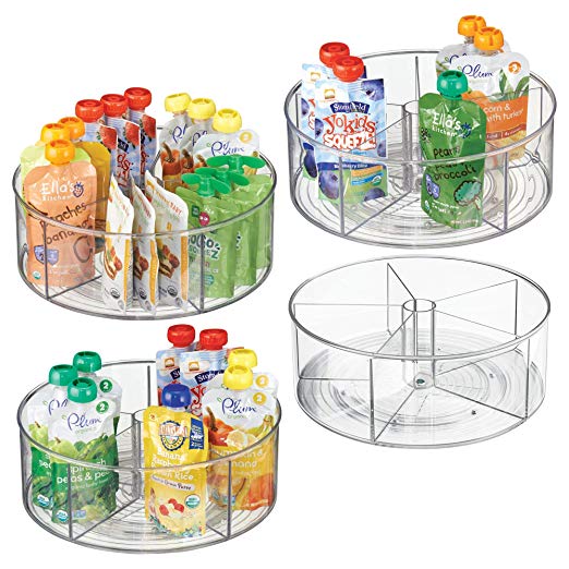 mDesign Divided Lazy Susan Turntable Storage Container for Cabinets, Pantries, Refrigerator, Countertops, BPA Free & Food Safe - Spinning Organizer for Kids/Baby/Toddler, 5 Sections - Pack of 4, Clear