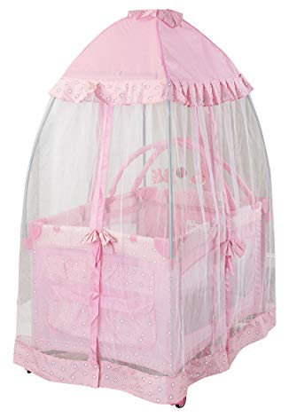 Big Oshi Portable Playard Deluxe Bundle - Nursery Center With Canopy Net Topper - Medium Size - Lightweight, Compact Design, Includes Carry Bag - Perfect for Indoor or Outdoor Backyard Use, Pink