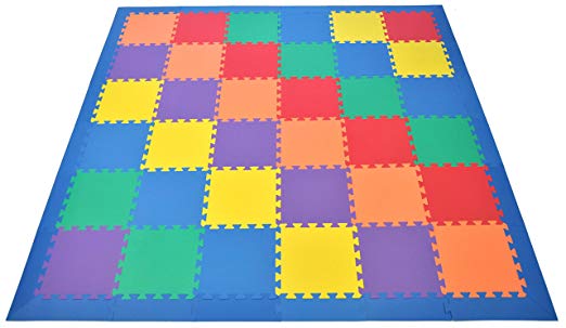 Non-Toxic Rainbow foam Wonder Mats w/Blue Edges: Non-Recycled Quality & Waterproof Extra Thick 36 Pieces 6 Colors