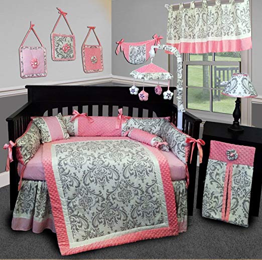 SISI Baby Bedding - Grey Damask 15 PCS Crib Bedding Set