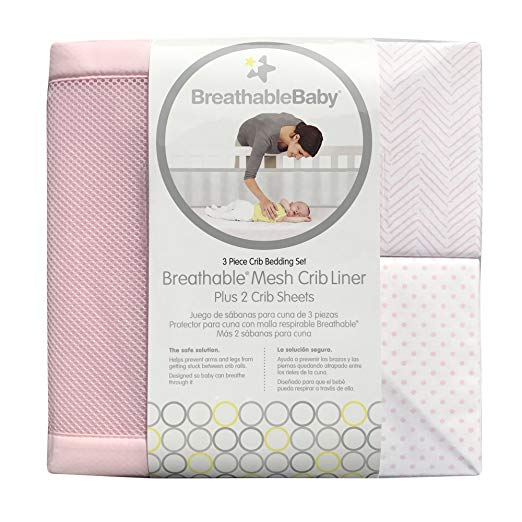 BreathableBaby | Classic 3 Piece Crib Bedding Set | 1 Pink Mesh Crib Liner & 2 Matching Fashion Crib Sheets| Helps Prevent Arms and Legs from Getting Stuck Between Crib Slats | Pink