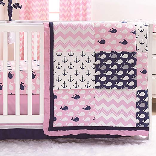 Nautical Whales and Anchors Pink 3 Piece Crib Bedding Set by The Peanut Shell