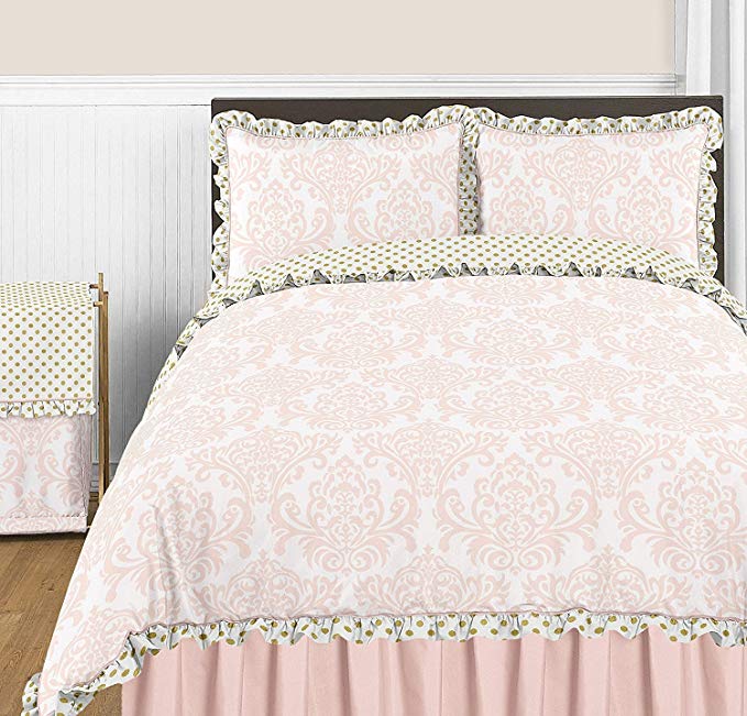 Sweet Jojo Designs 3-Piece Blush Pink White Damask and Gold Polka Dot Amelia Girls Full/Queen Childrens Bedding Set