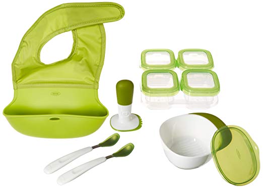 OXO Tot Mealtime Starter Value Set with Roll-up Bib, Feeding Spoons, Food Masher and Four 4oz Baby Blocks Freezer Storage Containers