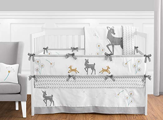 Sweet Jojo Designs 9-Piece Grey Gold and White Forest Deer and Dandelion Crib Bed Bedding Set with Bumper for a Newborn Baby Girl or Boy