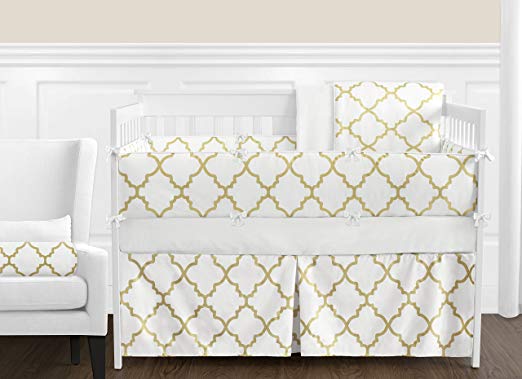 Sweet Jojo Designs 9-Piece Modern White and Gold Trellis Lattice Girls Baby Bedding Crib Set with Bumper