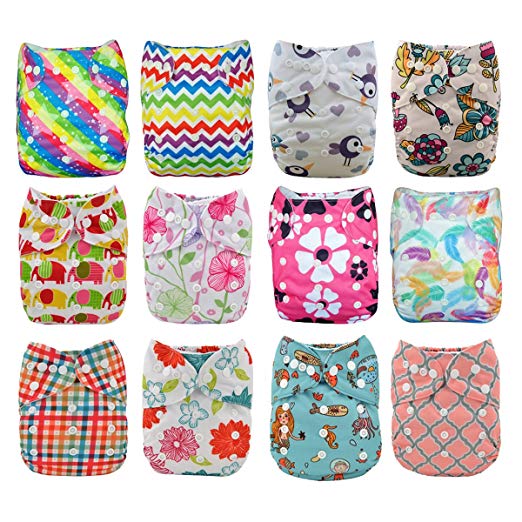 Babygoal Baby Cloth Diapers,One Size Adjustable Reusable Pocket 12pcs Diapers+12pcs Charcoal Bamboo Inserts+Wet Bag+4pcs Baby Wipes 12fg45-3
