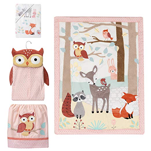 Lambs & Ivy Little Woodland Forest Animals 4 Piece Crib Bedding Set, Pink/White