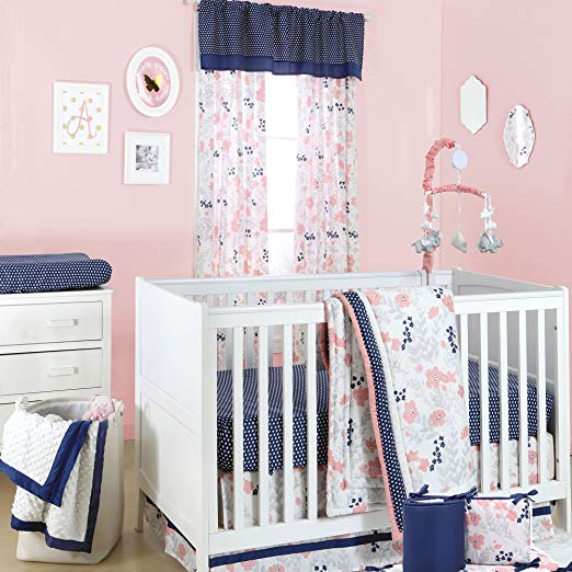 Coral Pink Floral and Navy Dot 5 Piece Crib Bedding Set by The Peanut Shell