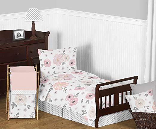 Sweet Jojo Designs 5-Piece Blush Pink, Grey and White Shabby Chic Watercolor Floral Girl Toddler Kid Children's Bedding Set Comforter, Sham and Sheets with Rose Flower Polka Dot