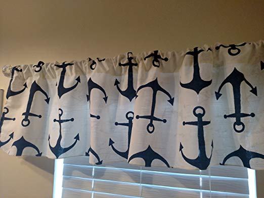 Navy blue anchors on white Valance curtain . Designer, sea, window treatment decor Curtain, Baby Nursery window treatment. Blue and white . 54 