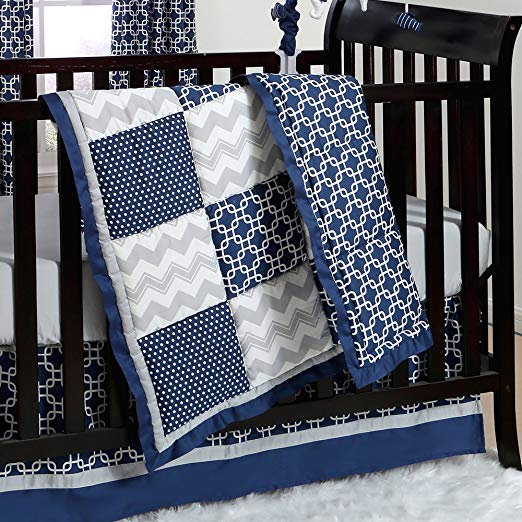 Navy Blue and Grey Geometric Patchwork 3 Piece Crib Bedding by The Peanut Shell