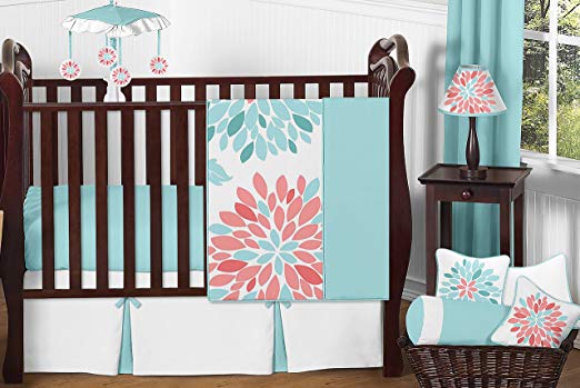 Sweet Jojo Designs 11-Piece Unique Turquoise Blue and Coral Emma Baby Girls Floral Modern Crib Bedding Set Without Bumper