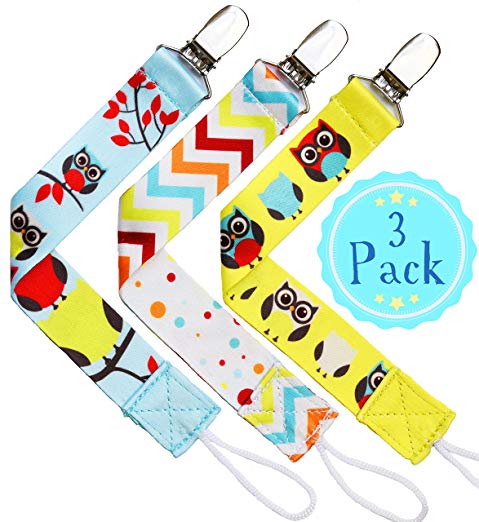 *SPECIAL PROMO* Pacifier Clip 3 Pack -Quality Colorful Owl Design Soothie Holder for Baby Boy and Girl-Universal Binky Leash for Teething Ring, Toys, Baby Blankets, Drool Bibs-Perfect Baby Shower Gift