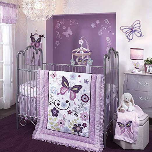 Lambs & Ivy Butterfly Lane 5-Piece Crib Bedding Set - Purple, White, Butterfly