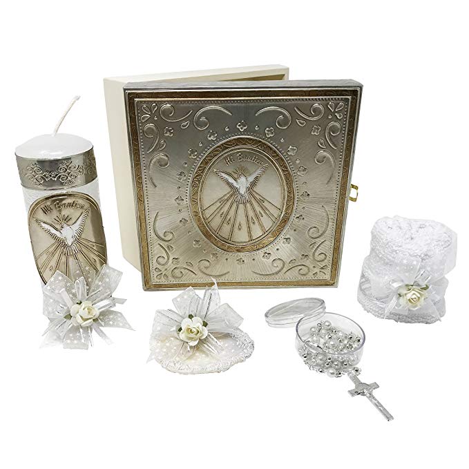 Premium Catholic Baptism Kit in a Repujado Box with Towel, Candle, Rosary and Shell for Baby Boys and Girls. Handmade in Mexico Gift for Godparents. Holy Spirit Baptism Candle Set. Kit de Bautizo.