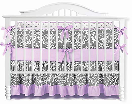 7 Pieces Set Ruffle Grey Puple Floral Baby Crib Nursery Bedding Set Ruffle Sheet