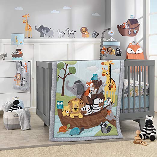 Lambs & Ivy Two of A Kind Noah's Ark Animals 4 Piece Crib Bedding Set, Blue/Gray