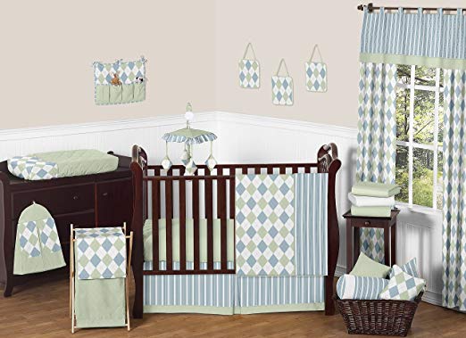 Modern Blue and Green Argyle Baby Boy Beddings 11pc Crib Set Without Bumper