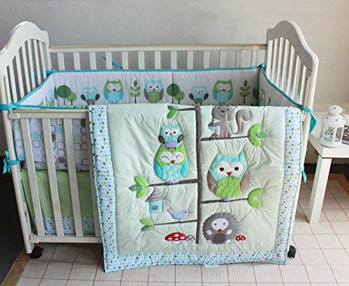 Green Owl Bird Embroidered 7pcs crib set Baby Bedding Set Crib Bedding Set Girl Boy Nursery Crib Bumper bedding
