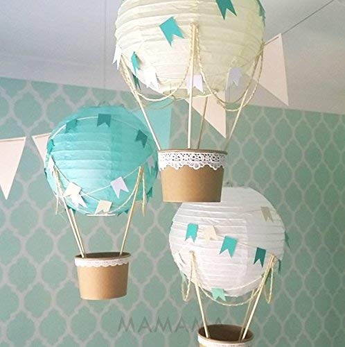 Whimsical Hot Air Balloon DIY Kit - Nursery Decoration - Baby Shower - Travel Theme Nursery - Wedding Decoration - Baby Room Decoration - Children Birthday Party - Set of 3 (Cream Mint White)
