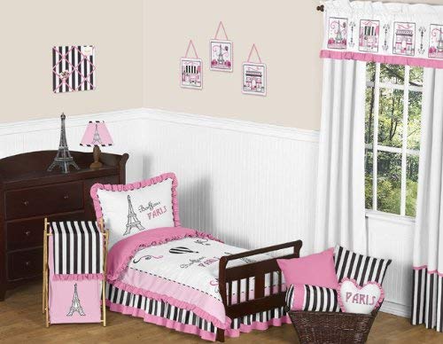 Sweet Jojo Designs 5-Piece Pink, Black and White Stripe French Girls Toddler Bedding Eifell Tower Paris Set