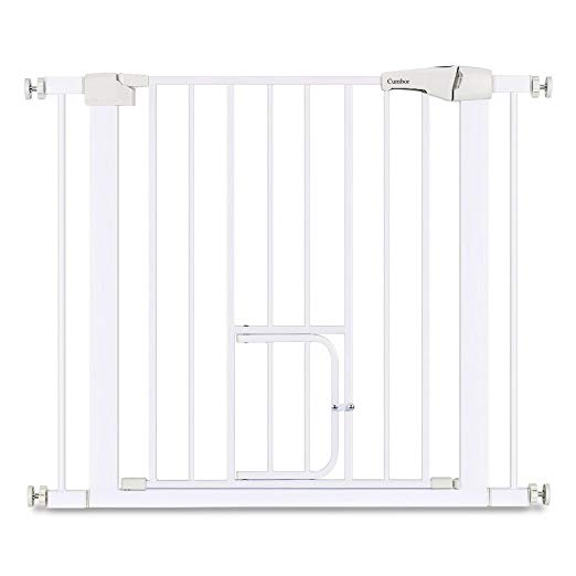 Cumbor Auto Close Safety Baby Gate, Easy Open Extra Tall Thru Gate with Pet Door, Fits Spaces Between 29.5 to 38.5 Wide, 4 Wall Cups and 2 Extend Included for Stairs Doorways Play Yard
