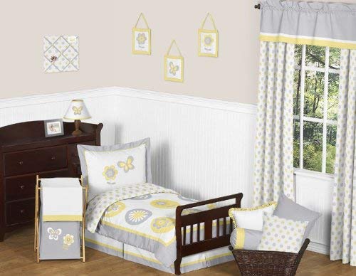Sweet Jojo Designs 5-Piece Yellow, Gray and White Mod Garden Girl Flower and Butterfly Toddler Bedding Set Collection
