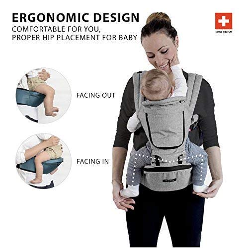 MiaMily Hipster Plus - High Quality Swiss Brand - Approved by Global Wide Safety Standards - Child & Baby Front Carrier - Protection for Baby & 9 Different Uses - Fits all Sizes - Color Stone Grey