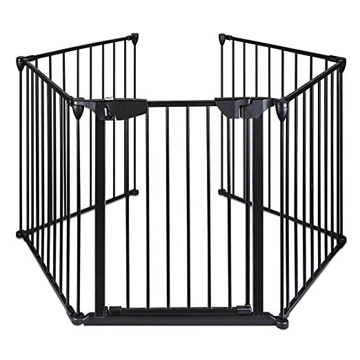 Lovinland Baby Gate with Auto Close Door Pet Gate 5 Panel Metal Gate Fireplace Fence Fire Gate for Toddler Pet Dog Cat