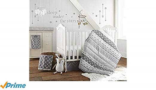 Levtex Baby Everett Grey and White Woodland Animals 5 Piece Crib Bedding Set, Quilt, 100% Cotton Crib Fitted Sheet, 3-tiered Dust Ruffle, Diaper Stacker and Large Wall Decals