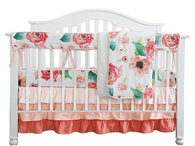 Boho Chic Coral Floral Ruffle Baby Minky Blanket Watercolor, Peach Floral Nursery Crib Skirt Set Baby Girl Crib Bedding (Coral)