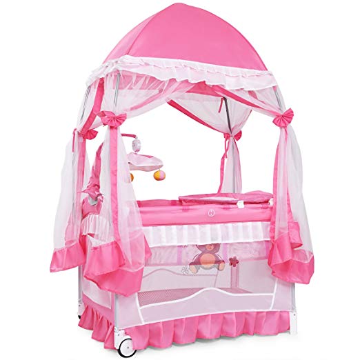 Costzon Portable Playard, Convertible Baby Playpen with Removable Bassinet, Changing Table, Music Box, Cute Whirling Toys, Wheels & Brake, Mosquito Mesh Net, Travel Ready with Oxford Carry Bag, Pink