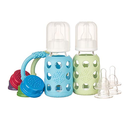 Lifefactory BPA-Free Starter Set with 2 4-Ounce Glass Baby Bottles with Silicone Sleeves, 2 Silicone Teethers, and 2 Nipple 2-Packs (Stage 1 and Stage 2), Sky and Spring Green