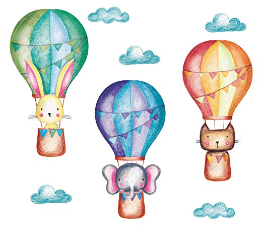 Hot Air Balloon Decal Pastel, Large Animals and Clouds Wall Decals, Baby Nursery