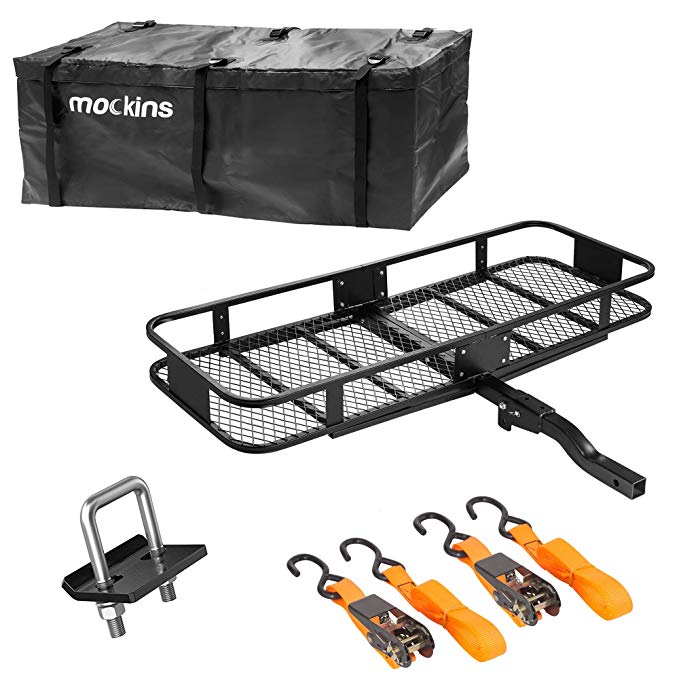 Mockins Hitch Mount Cargo Carrier and Cargo Bag |The Steel Cargo Basket is 60” Long X 20 Wide X 6” Tall with A Hauling Weight of 500 Lbs & A Folding Shank to Preserve Space When Not in Use …