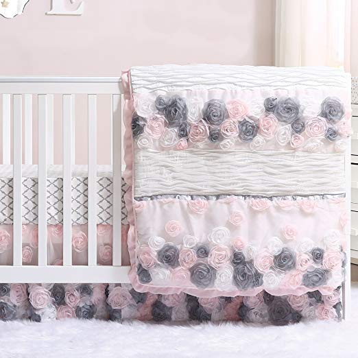 Colette Pink and Grey Floral 3 Piece Crib Bedding Set by The Peanut Shell