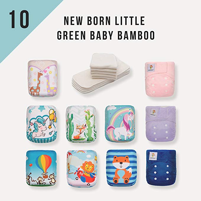 KaWaii Baby Newborn Little Green Baby Bamboo Cloth Diapers Reusable Leak Proof Adjustable Hook & Loop Closure for 6-22 lbs Pack of 20 Bamboo Diapers with 40 Bamboo Inserts