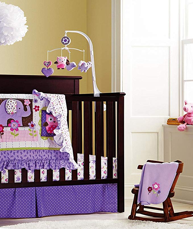 WM Baby Girls Purple Owl 9pcs Crib Bedding Set with Diaper Stacker