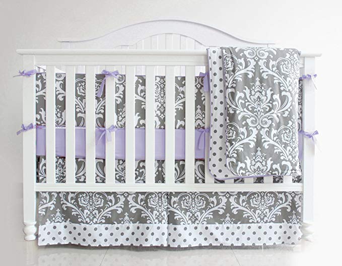 3 Pieces Set Grey Purple Floral Baby Crib Nursery Bedding Set (Purple)