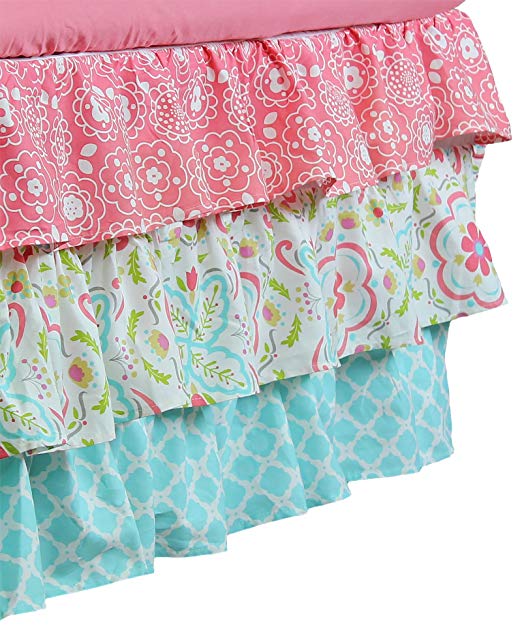 Gia Aqua Blue and Coral Pink Floral and Geometric Prints Layered Crib Dust Ruffle
